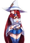 atatatamu belt blush breast_hold breasts cape choker cleavage commentary_request cowboy_shot crossed_arms earrings glasses hat highres jewelry large_breasts little_witch_academia long_hair navel older red_eyes red_hair shiny_chariot skirt solo spoilers thighhighs ursula_charistes white_background witch witch_hat 