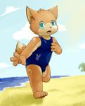  4_fingers anthr anthro beach blue_eyes brown_fur canine clothing cloud dog fur mammal norphen open_mouth seaside sky standing swimsuit 
