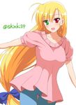  :d blonde_hair blush bow breasts collarbone cowboy_shot denim green_eyes hair_bow heterochromia jeans long_hair looking_at_viewer low-tied_long_hair lyrical_nanoha mahou_shoujo_lyrical_nanoha_vivid medium_breasts open_mouth pants pink_shirt red_eyes shinki_(shinki59) shiny shiny_hair shirt short_sleeves simple_background smile solo twitter_username very_long_hair vivio white_background 