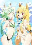  :p absurdres animal_ear_fluff animal_ears art556_(girls_frontline) blonde_hair g41_(girls_frontline) girls_frontline green_hair heterochromia highres kata_(ehdquf12) long_hair looking_at_viewer multiple_girls one_eye_closed swimsuit tail tongue tongue_out yellow_eyes 