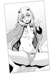  bangs blush bow bow_panties breasts commentary_request crotch_seam date_(senpen) eromanga_sensei greyscale hair_bow highres hood hoodie izumi_sagiri jacket long_hair looking_at_viewer monochrome navel nipples no_bra no_pants open_clothes open_jacket open_mouth panties sidelocks sitting small_breasts smile solo stuffed_animal stuffed_toy underwear w 