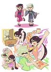  2girls aori_(splatoon) bike_shorts black_kimono black_shorts box brown_eyes casual character_name closed_eyes comic cousins domino_mask english fangs green_shirt holding_hands hotaru_(splatoon) japanese_clothes kimono long_hair looking_back mask multiple_girls open_mouth oven_mitts purple_kimono purple_shirt sandals shirt short_hair shorts silent_comic single_vertical_stripe sitting smile splatoon_(series) standing standing_on_one_leg sweat t-shirt tentacle_hair wong_ying_chee younger 