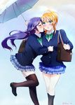  :o ayase_eli blonde_hair blue_eyes blush cheek_kiss closed_eyes commentary_request kiss loafers long_hair love_live! love_live!_school_idol_project multiple_girls open_mouth otonokizaka_school_uniform purple_hair school_uniform shoes skirt standing standing_on_one_leg thighhighs tida_kietsungden toujou_nozomi umbrella yuri 