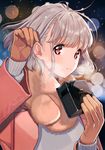  bad_id bad_pixiv_id blush box brown_gloves eyebrows_visible_through_hair gloves highres holding holding_box looking_at_viewer original red_eyes shirakino silver_hair smile snow snowing solo upper_body valentine 
