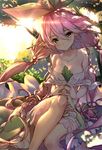  bare_shoulders blush breasts cleavage commentary_request granblue_fantasy hong_(white_spider) in_tree large_breasts leaf long_hair pink_hair plant_girl smile solo thighs tree wide_sleeves yellow_eyes yggdrasil_(granblue_fantasy) 