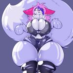  anthro balloon big_breasts big_butt big_ears big_tail breasts butt canid canine clothing female fox fur huge_breasts hyper hyper_breasts looking_at_viewer mammal mazz mazzlerazz navel open_mouth paws rubber simple_background thick_thighs tight_clothing white_fur 