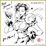  bracelet breasts capcom china_dress chinese_clothes chun-li double_bun dress greyscale jewelry large_breasts looking_at_viewer monochrome one_eye_closed richard_suwono solo spiked_bracelet spikes street_fighter street_fighter_ii_(series) 