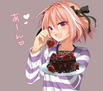  :d absurdres astolfo_(fate) bad_id bad_pixiv_id bangs black_ribbon blackberry_(fruit) blueberry blush cake casual chocolate_cake collarbone commentary_request eyebrows_visible_through_hair fang fate/apocrypha fate_(series) feeding food fork fruit hair_between_eyes hair_ribbon hand_up happy_birthday heart highres holding holding_fork holding_plate long_sleeves looking_at_viewer male_focus multicolored_hair open_mouth otoko_no_ko pink_hair plate pov_feeding purple_background purple_eyes purple_shirt ribbon shirt short_hair sideways_glance simple_background smile solo strawberry streaked_hair striped striped_shirt upper_body white_hair yuitanpo 