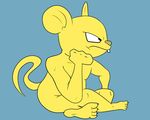  dragon_ball dragon_ball_super frown fur mammal mouse nude quitela rodent simple_background sitting unknown_artist yellow_fur 