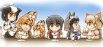  ^_^ animal_ears black_hair blonde_hair blue_eyes bow bowtie brown_eyes closed_eyes comic commentary common_raccoon_(kemono_friends) cow_ears cow_tail cup elbow_gloves fennec_(kemono_friends) foam food food_on_face fox_ears fur_trim gloves gradient gradient_background grey_eyes grey_hair handkerchief hisahiko holstein_friesian_cattle_(kemono_friends) japari_symbol kaban_(kemono_friends) kemono_friends long_sleeves milk_mustache multiple_girls no_hat no_headwear open_mouth pleated_skirt raccoon_ears saucer serval_(kemono_friends) serval_ears serval_print shirt short_hair short_ponytail short_sleeves sitting skirt sleeveless sleeveless_shirt smile standing steam sweater tail teacup younger |_| 