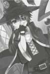  1girl belt candle collar covering_mouth dutch_angle eyebrows_visible_through_hair eyepatch fingerless_gloves gloves greyscale hair_between_eyes hand_over_own_mouth hat highres kono_subarashii_sekai_ni_shukufuku_wo! long_sleeves looking_at_viewer megumin mishima_kurone monochrome novel_illustration official_art solo staff upper_body witch_hat 
