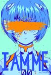  ayanami_rei bandage_over_one_eye censored character_name closed_mouth english expressionless identity_censor limited_palette neon_genesis_evangelion omocat plugsuit solo upper_body 