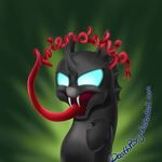  2017 ambiguous_gender blue_eyes changeling deathpwny drone_(mlp) english_text fangs feral green_background horn my_little_pony open_mouth simple_background solo text tongue tongue_out 