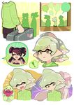  +_+ 2girls aori_(splatoon) black_hair casual closed_eyes earrings fangs grey_hair hotaru_(splatoon) inkling jewelry long_hair multiple_girls open_mouth pointy_ears short_hair single_vertical_stripe smile splatoon_(series) spoken_exclamation_mark squid suitcase tentacle_hair wong_ying_chee 