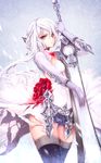  asymmetrical_hair blue_eyes breasts cleavage dress flower gizensha gloves highres looking_at_viewer panties pantyshot rose simple_background sinoalice small_breasts snow_white_(sinoalice) solo sword thighhighs underwear weapon white_hair 