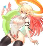  armband bare_shoulders candy cleavage_cutout covered_navel food frills green_innertube guilty_gear guilty_gear_xrd halo innertube jack-o'_valentine lollipop long_hair multicolored_hair red_eyes red_hair solo sutegoro swimsuit thighhighs two-tone_hair white_background white_hair 