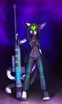  2014 5_fingers anthro black_nose blue_eyes cat clothed clothing feline green_eyes gun holding_object holding_weapon mammal neotheta ranged_weapon solo weapon 
