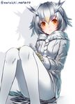  bangs blush breasts brown_eyes brown_hair buttons closed_mouth coat commentary_request convenient_leg eyebrows_visible_through_hair fur_collar grey_coat grey_hair hair_between_eyes holding holding_spoon kemono_friends knees_up long_sleeves looking_at_viewer mataichi_mataro multicolored_hair northern_white-faced_owl_(kemono_friends) pantyhose shadow short_hair sitting small_breasts solo spoon tail twitter_username white_background white_hair white_legwear 