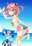  absurdres ass barefoot blue_eyes blush breasts character_request choker highres looking_at_viewer medarot nanakusa_amane one_eye_closed pink_hair robot short_hair sideboob small_breasts smile swimsuit 