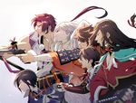  armor black_hair blue_eyes brown_hair closed_mouth drawing_sword earrings gradient gradient_background gun handgun horikawa_kunihiro izumi-no-kami_kanesada japanese_armor japanese_clothes jewelry katsugeki/touken_ranbu long_hair male_focus military military_uniform multiple_boys mutsu-no-kami_yoshiyuki open_mouth orange_eyes pointing purple_hair revolver sheath short_hair shoulder_armor simple_background sode t_k_g tonbokiri_(touken_ranbu) touken_ranbu tsurumaru_kuninaga uniform unsheathing weapon white_hair yagen_toushirou 