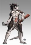  aircraft airplane anthro barb black_fur black_hair blue_eyes clothing cum discordnight dumbbell fur gun hair hi_res jet knot male military multicolored_fur penis ranged_weapon sergal shinjody soldier solo toga visor weapon weights white_fur 