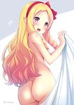  1girl ass blonde_hair drill_hair eromanga_sensei from_behind hair_ribbon hairband long_hair nude open_mouth pink_eyes pointy_ears red_hairband red_ribbon revision ribbon sei000 solo twin_drills twitter_username yamada_elf 