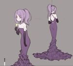  1girl ass dress drink elbow_gloves lavender_hair little_witch_academia long_hair purple_dress red_eyes solo sucy_manbabalan sucy_manbavaran 