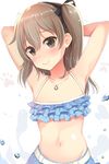  aibumi alternate_costume armpits arms_behind_head bad_id bad_pixiv_id bare_shoulders bikini blush breasts brown_eyes collarbone commentary_request frilled_bikini_top frills girls_und_panzer hair_between_eyes light_brown_hair long_hair looking_at_viewer navel shimada_arisu side_ponytail small_breasts smile solo stomach swimsuit 