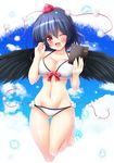  ;d barefoot bikini black_hair blue_sky blush bow_bikini breasts cleavage cloud day eyebrows_visible_through_hair hat highres large_breasts looking_at_viewer navel notepad one_eye_closed open_mouth osashin_(osada) pen pom_pom_(clothes) red_eyes shameimaru_aya short_hair sky smile solo swimsuit tokin_hat touhou white_bikini wings 
