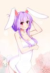  :o animal_ears blush breast_hold breasts bunny_ears bunny_tail cleavage collarbone flower hand_in_hair large_breasts lavender_hair long_hair looking_at_viewer naked_towel parted_lips red_eyes reisen_udongein_inaba rose solo tail touhou towel very_long_hair xialuluo_(sharuro) 