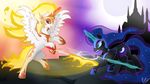  2017 angry armor black_feathers blue_hair cutie_mark daybreaker_(mlp) duo equine feathered_wings feathers female feral fight flaming_hair friendship_is_magic hair helmet horn magic mammal my_little_pony nightmare_moon_(mlp) spread_wings virenth white_feathers winged_unicorn wings 