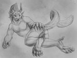  2017 anthro anus aroused black_and_white butt charr claws digital_drawing_(artwork) digital_media_(artwork) feline female flat_chested front_view fur grey_background guild_wars hand_on_butt horn licking licking_lips lying mammal monochrome nude on_side pawpads paws presenting presenting_pussy pussy raised_tail reesa_seelenh&uuml;ter simple_background sketch slit_pupils solo teeth tongue tongue_out video_games yaroul 