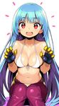  bangs belt bikini blue_hair breasts eyebrows_visible_through_hair gloves kula_diamond long_hair looking_at_viewer medium_breasts navel open_mouth red_eyes shunin simple_background sitting smile solo swimsuit the_king_of_fighters white_background white_bikini 
