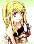  1girl bare_shoulders blonde_hair blue_eyes earrings eyebrows_visible_through_hair fullmetal_alchemist gloves green_background jewelry long_hair looking_at_viewer lowres ponytail simple_background smile solo tank_top tsukuda0310 two-tone_background white_background winry_rockbell wrench 