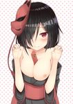  black_hair blush breasts cleavage commentary_request gift hair_ornament hairclip highres long_hair looking_at_viewer mask mask_on_head medium_breasts mole mole_under_eye nipple_slip nipples red_eyes reinama ribbon solo upper_body yellow_ribbon 