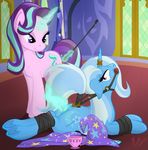  2017 anus ball_gag bdsm bondage bound crystal cup cutie_mark duo equine eye_contact female feral friendship_is_magic gag gagged hair hat horn inside magic mammal multicolored_hair my_little_pony pussy riding_crop sex spread_pussy spreading starlight_glimmer_(mlp) tea_cup trixie_(mlp) two_tone_hair unicorn virenth whip wizard_hat 