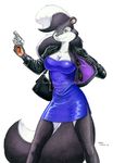  2006 anthro baron_engel breasts cleavage clothed clothing dress female gun holster invalid_color invalid_tag jacket mammal purse ranged_weapon simple_background skunk solo weapon white_background 