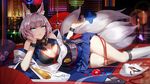  animal_ears azur_lane bangs bare_shoulders blue_eyes blue_skirt blunt_bangs blush breasts cleavage commentary_request cowlick detached_sleeves fan flower folding_fan fox_ears fox_mask fox_tail hakama_skirt highres indoors kaga_(azur_lane) large_breasts long_sleeves looking_at_viewer lying mask multiple_tails official_art on_side parted_lips pleated_skirt revision sakuramon shikigami short_hair silver_hair skirt socks solo tail thighs white_legwear wide_sleeves zjsstc 