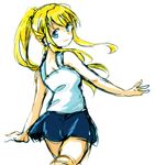  1girl bangs blonde_hair blue_eyes blue_skirt fullmetal_alchemist long_hair looking_at_viewer looking_back outstretched_arm ponytail shirt simple_background skirt smile solo tsukuda0310 white_background white_shirt winry_rockbell 
