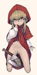  ass_visible_through_thighs bar_censor blonde_hair bottomless butcher_knife censored character_request cloak closed_mouth collagen cropped_legs dress dress_lift expressionless green_eyes hood hooded_cloak long_sleeves looking_at_viewer navel no_panties pointless_censoring pussy red_dress red_hood solo 