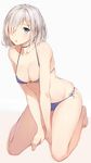  :o bare_shoulders between_legs bikini blue_bikini blue_eyes breasts choker cleavage collarbone glint groin hair_ornament hair_over_one_eye hairclip hamakaze_(kantai_collection) highres kantai_collection kneeling looking_at_viewer md5_mismatch medium_breasts nail_polish navel open_mouth revision rikoma shiny shiny_skin short_hair side-tie_bikini silver_hair simple_background solo swimsuit 