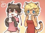  2girls artist_request blonde_hair blue_eyes borrowed_character brown_hair chinese_clothes eating fu-chan furry panda pink_eyes tiger 