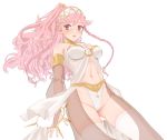  1girl blush braid breasts fire_emblem fire_emblem:_kakusei hairband highres long_hair medium_breasts navel nintendo olivia_(fire_emblem) papapa36 parted_lips pink_eyes pink_hair ponytail simple_background solo thighhighs twin_braids white_background white_legwear 