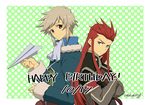  2girls asch belt blue_eyes brown_eyes coat ginji_(tales) gloves grey_hair long_hair red_hair short_hair smile tales_of_(series) tales_of_the_abyss 