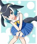  bare_shoulders black_hair blonde_hair blue_eyes blue_hair blush bow bowtie common_dolphin_(kemono_friends) dolphin_tail head_fins highres kemono_friends mono_(mono60) multicolored_hair open_mouth sailor_collar solo white_hair 