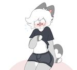  anthro bee_the_cat blush boxers_(clothing) bulge cat clothed clothing clothing_lift embarrassing feline fur green_eyes grey_fur hair looking_down male mammal markings qtipps shirt shirt_lift simple_background sitting solo sweat underwear 