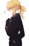  black_gloves black_neckwear blonde_hair braid citron_82 dress_shirt fate/apocrypha fate/zero fate_(series) formal gloves green_eyes grey_shirt hair_ornament hair_scrunchie hand_in_pocket long_hair looking_down mordred_(fate) mordred_(fate)_(all) necktie ponytail red_scrunchie scrunchie shirt sidelocks simple_background solo suit white_background 