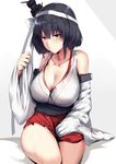 :t absurdres bandana bare_shoulders black_hair breasts cleavage closed_mouth collarbone detached_sleeves eyebrows_visible_through_hair hair_ornament headgear hews_hack highres huge_filesize japanese_clothes kantai_collection large_breasts looking_at_viewer nontraditional_miko paid_reward patreon_reward pout remodel_(kantai_collection) short_hair sitting skirt solo tears torn_clothes torn_skirt wide_sleeves yamashiro_(kantai_collection) 