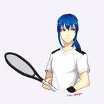  blue_eyes blue_hair celice_(fire_emblem) fire_emblem fire_emblem:_seisen_no_keifu fire_emblem:_thracia_776 headband highres kyou_(ningiou) ponytail racket signature simple_background smile sport sportswear tennis tennis_racket tennis_uniform white_background 