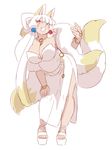  animal_humanoid blue_eyes breasts canine cleavage clothed clothing dipstick_tail dress fangs female fluffy fluffy_tail footwear fox fox_humanoid hair heterochromia humanoid jewelry mammal multi_tail multicolored_tail necklace open_mouth red_eyes ryanpei side_slit white_hair 